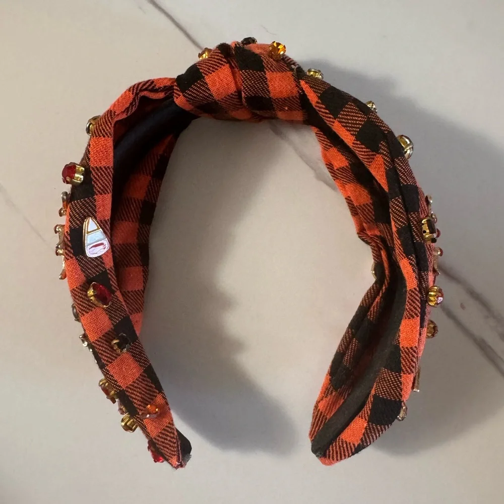 Halloween Embellished Headband Orange Plaid